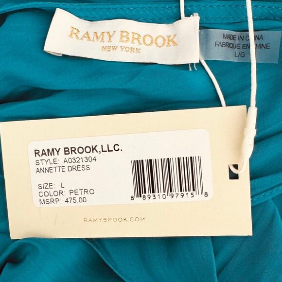 Ramy Brook Annette Halter Dress Petrol Teal Blue Green Smocked Waist Size L - Picture 7 of 9